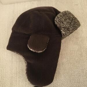 Unisex kids Fleece Trapper Hat in black fleece with grey faux fur lining  winter